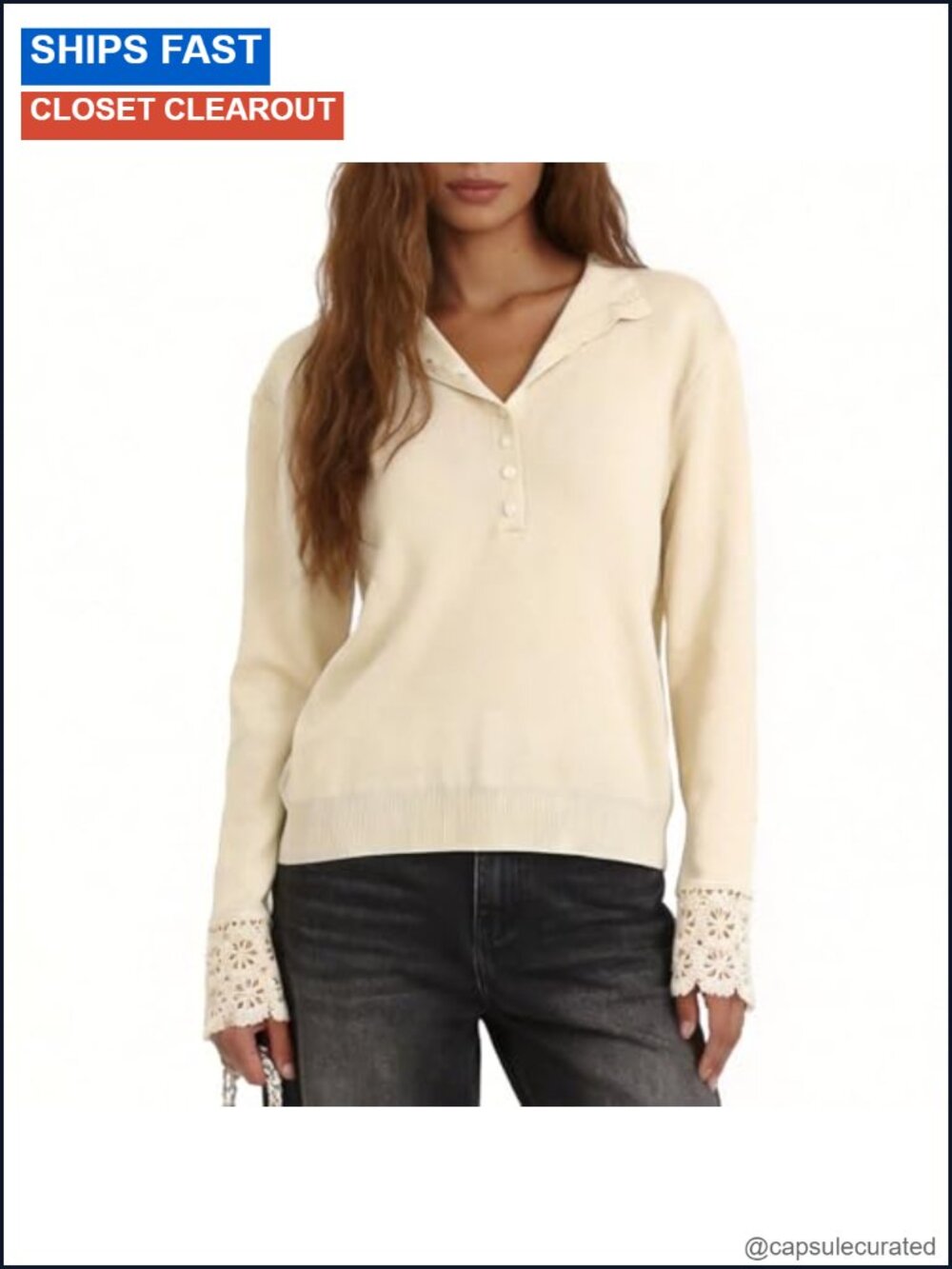 Women Lace Trim Long Sleeve Henley Cardigan Lightweight Knit